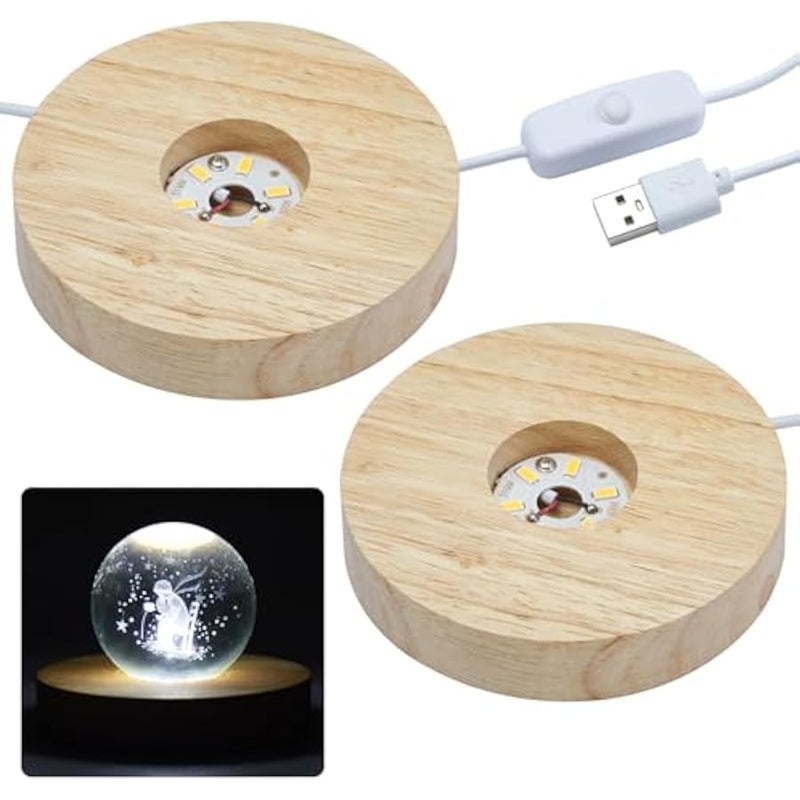2pcs LED Lights Display Base, Round Wooden Lighted Base, Stand for Laser Crystal Glass Resin Art (Cool White Light) - Image 1
